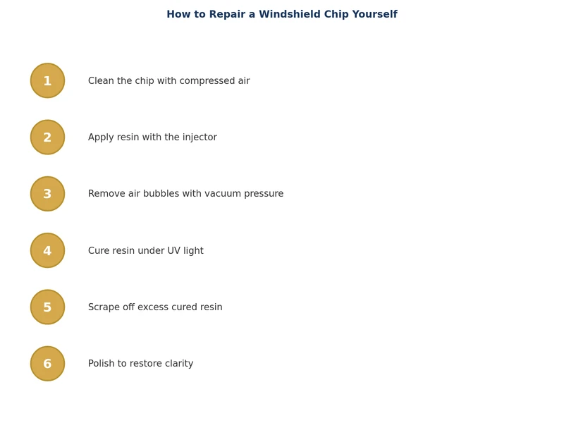 step-by-step process diagram for windshield chip repair showing clean, inject, cure, scrape steps