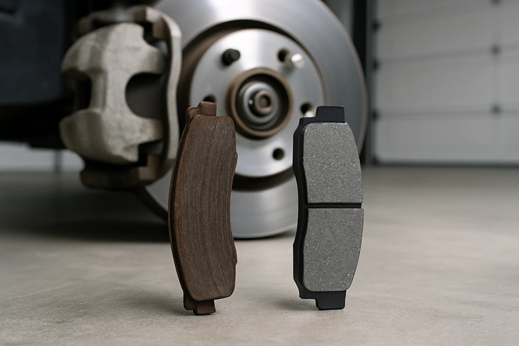 mechanic replacing brake pads on a car disc brake assembly