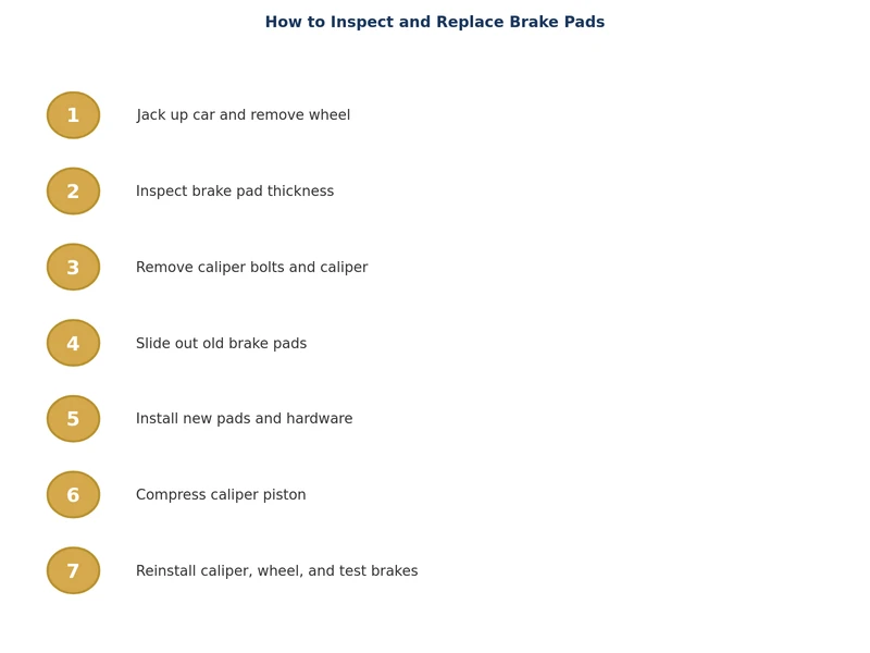 step-by-step process diagram for brake pad replacement showing caliper removal, piston compression, and pad installation