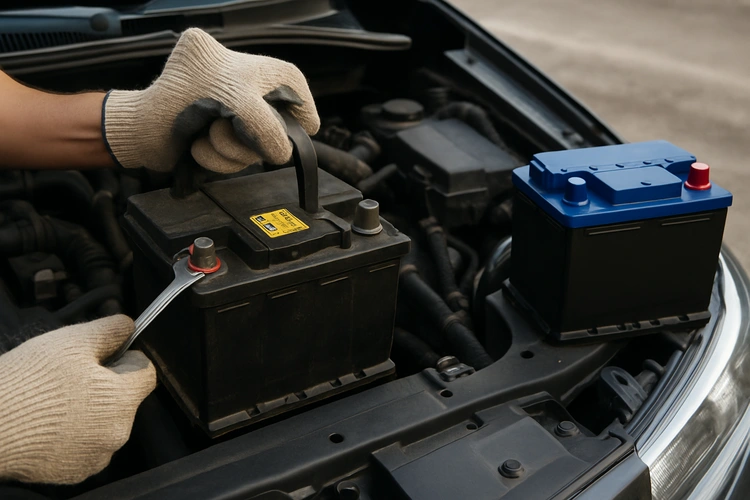mechanic replacing a car battery in engine bay — how to replace car battery guide