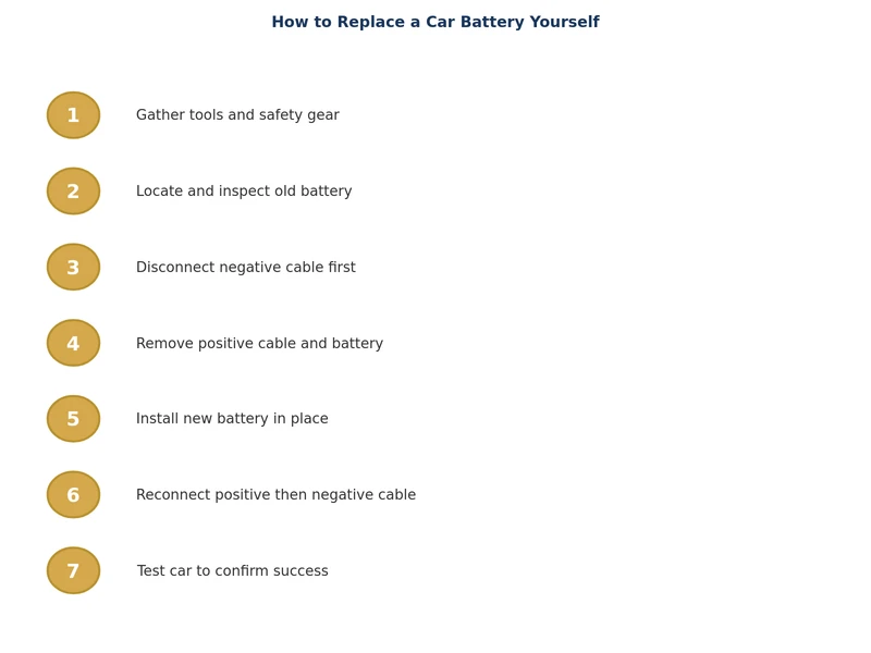 step-by-step process diagram for car battery replacement showing disconnect, remove, install sequence