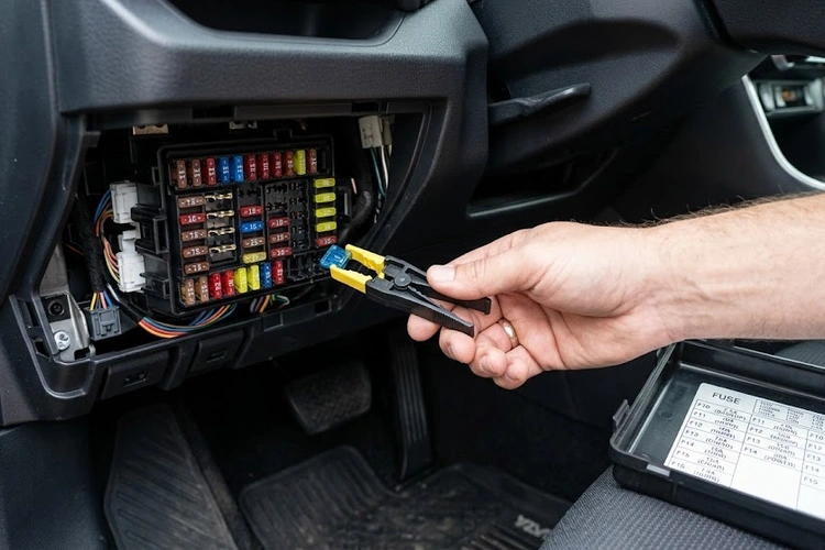 how to replace car fuse — opened fuse box showing color-coded mini blade fuses