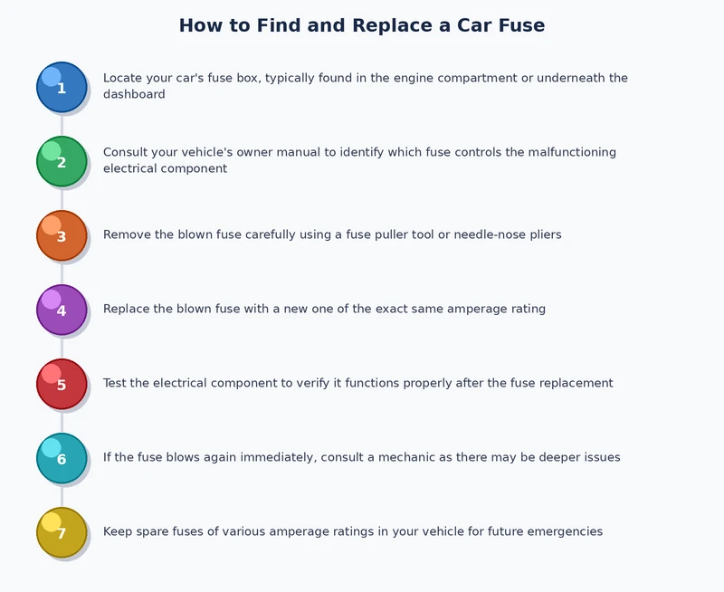 step-by-step process diagram for how to replace car fuse from locating the box to testing the circuit