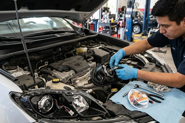 Mechanic replacing a headlight bulb in a car headlight assembly