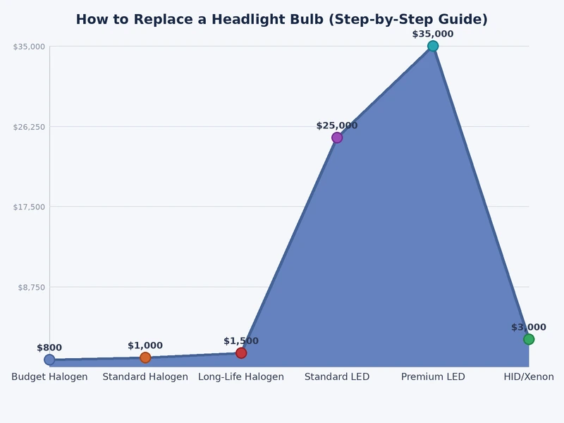 Bar chart comparing halogen, LED, and HID headlight bulb types by lifespan cost and brightness