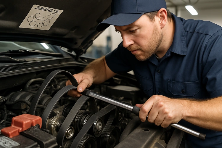 mechanic replacing a serpentine belt on a car engine