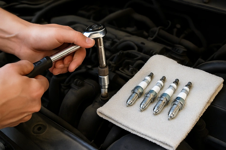 Mechanic replacing spark plugs in a car engine bay