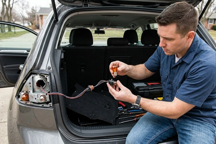A person removing the interior access panel of a car trunk to reach the tail light housing. The old bulb socket is pulled out and the new replacement bulb is held up next to it for comparison.