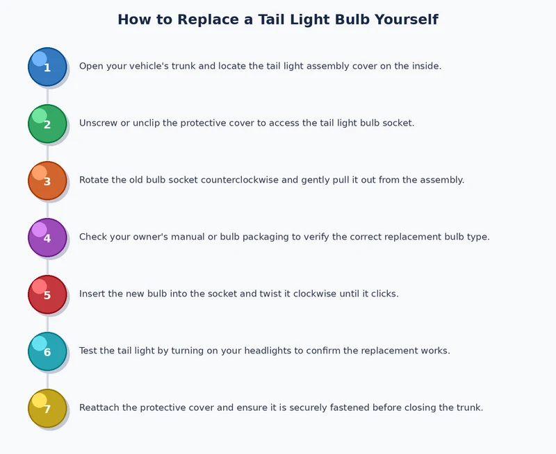 numbered process diagram showing the steps to how to replace a tail light bulb including socket access removal and reinstallation