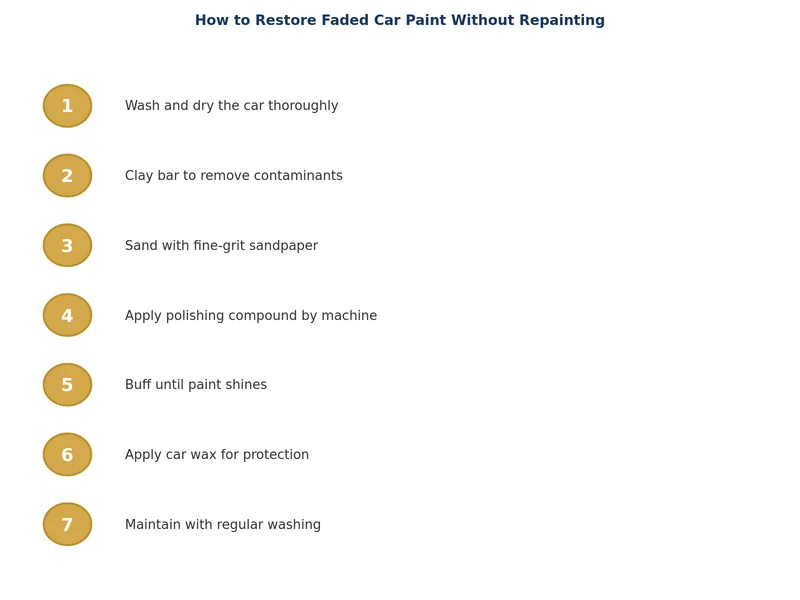 step-by-step process diagram for restoring faded car paint: wash, clay, compound, polish, seal