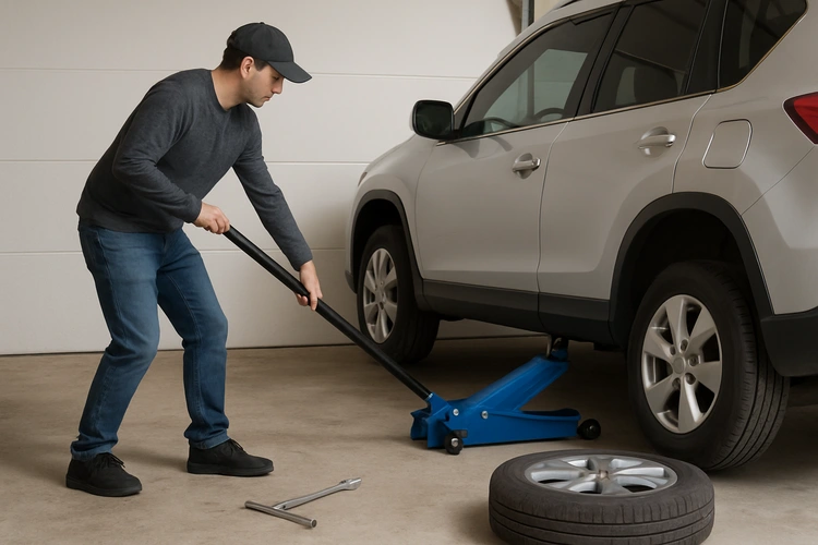 Mechanic rotating tires at home using floor jack and jack stands