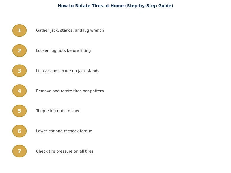 Step-by-step tire rotation process diagram showing wheel positions