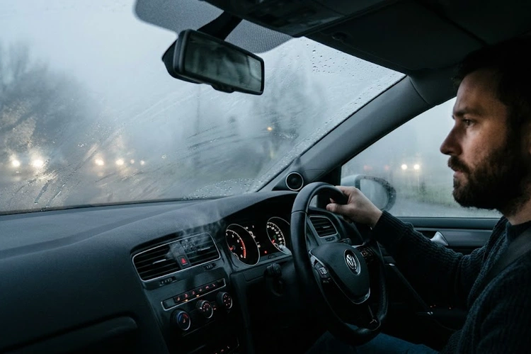 Car windows fogging up inside — driver's perspective of a heavily fogged windshield on a cold morning