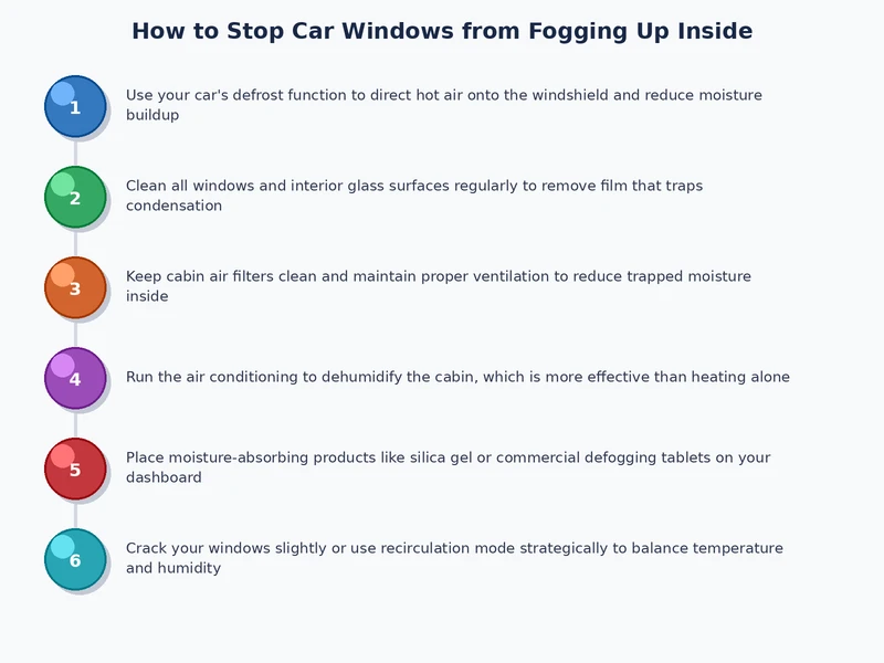 Step-by-step process diagram for the correct HVAC defogging sequence to stop car windows fogging up inside