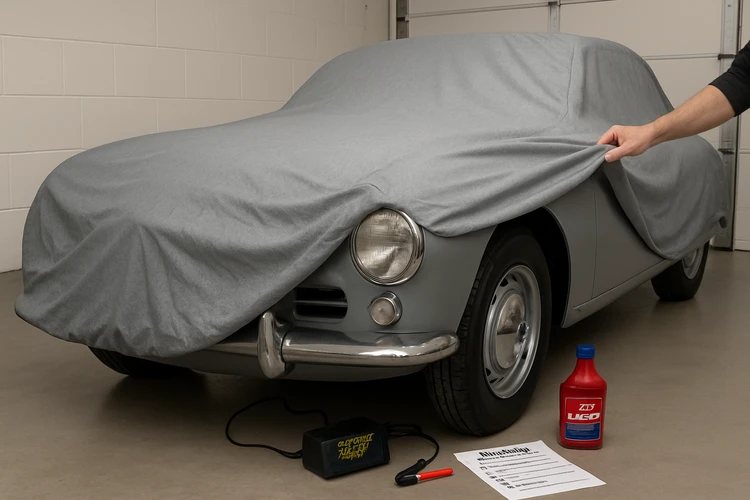 car stored in garage for winter with cover on