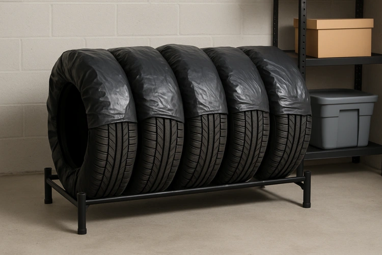 Tires stored properly on a wall-mounted rack in a clean garage