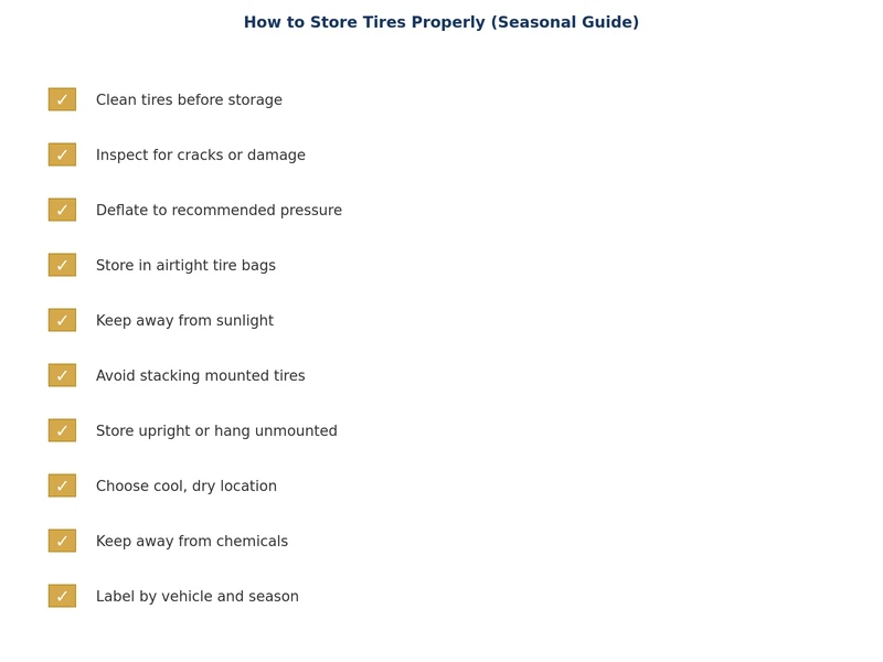 Tire storage checklist showing steps from cleaning to bagging and labeling
