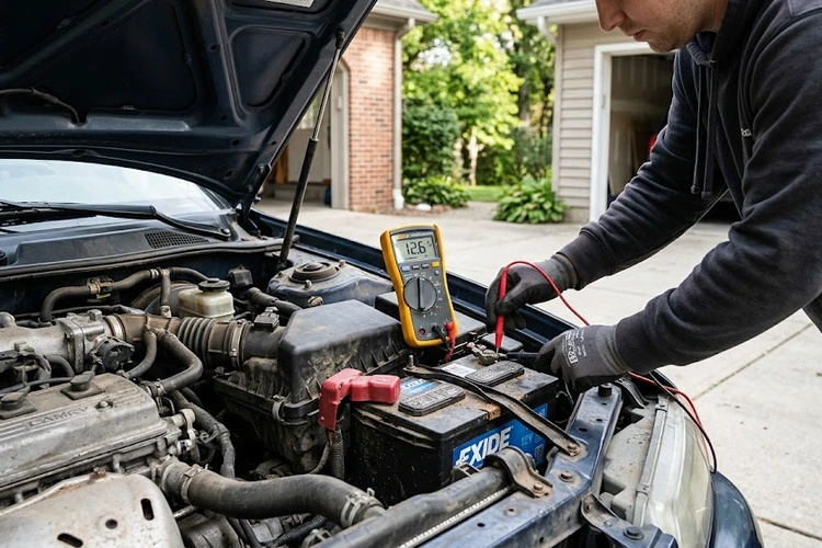 Testing a car battery at home using a digital multimeter connected to battery terminals