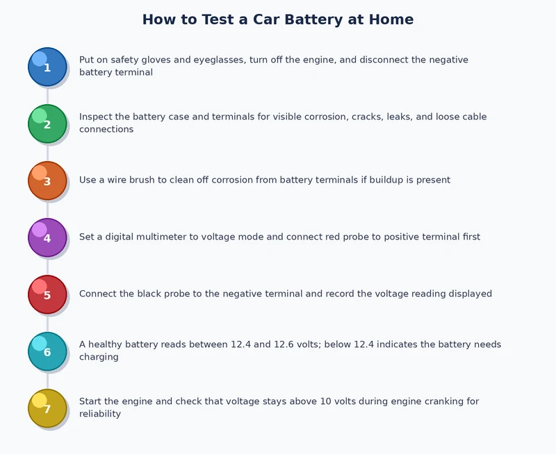 Process diagram showing step-by-step how to test a car battery at home with a multimeter and load tester