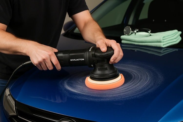 beginner using a dual action polisher on car paint