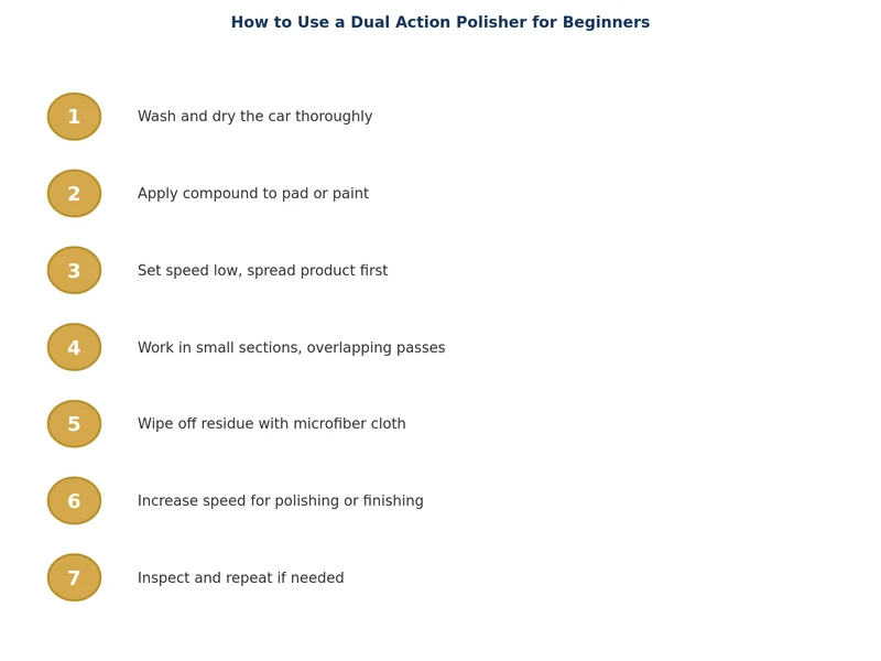 step-by-step process diagram for using a dual action polisher on car paint