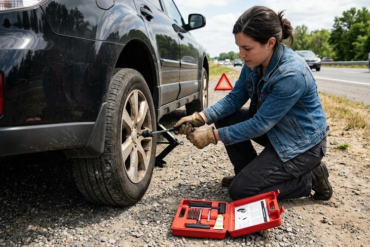 how to use tire plug kit — tools laid out beside a tire with a nail puncture