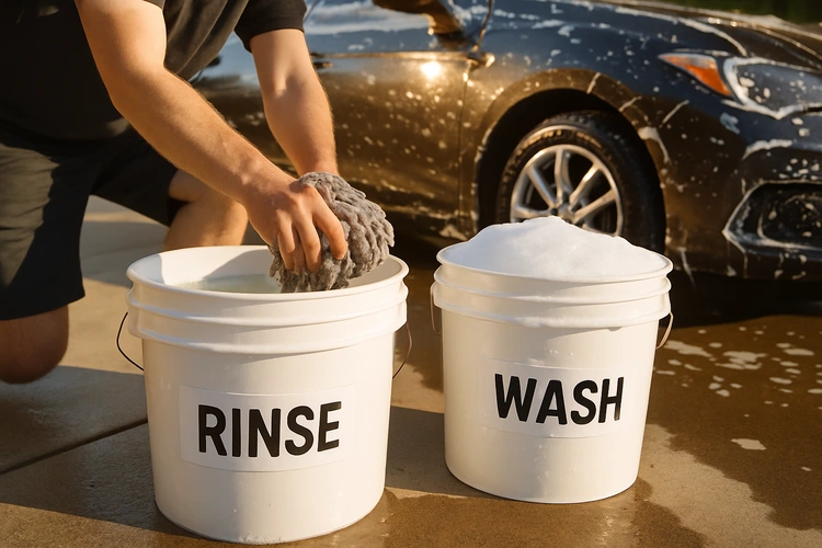how to wash a car properly using the two-bucket method with microfiber mitt
