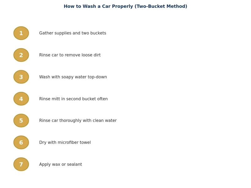 step-by-step process diagram for washing a car properly with two-bucket method