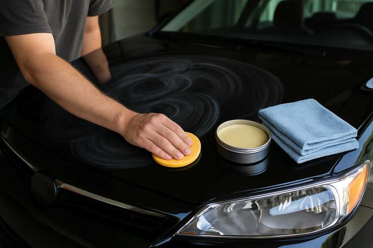 how to wax a car by hand using a foam applicator pad on a clean hood