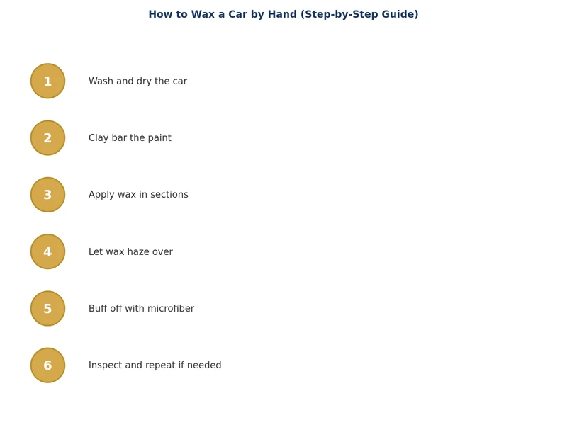 step-by-step process diagram showing how to wax a car by hand from prep to final buff