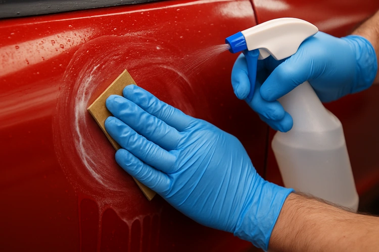 Wet sanding a car panel to remove orange peel and surface scratches