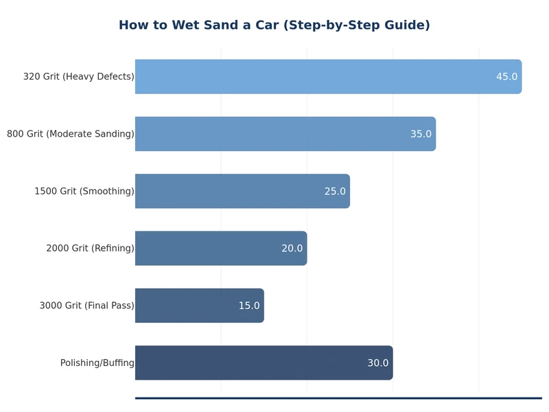 Bar chart showing sandpaper grit progression and clear coat removal per stage when wet sanding a car