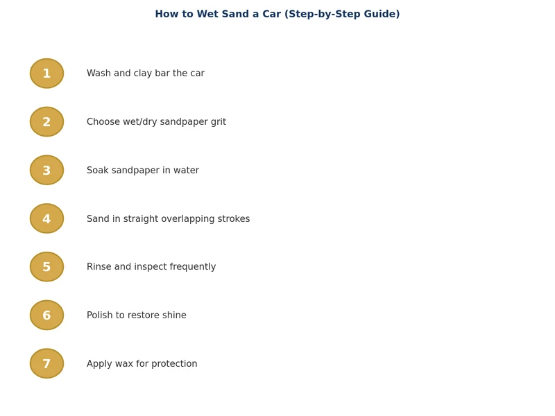 Step-by-step process diagram for wet sanding a car: prep, tape, soak, sand, inspect, compound, polish, protect