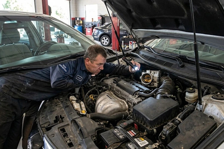 Mechanic inspecting idle speed too high causes on a car engine bay