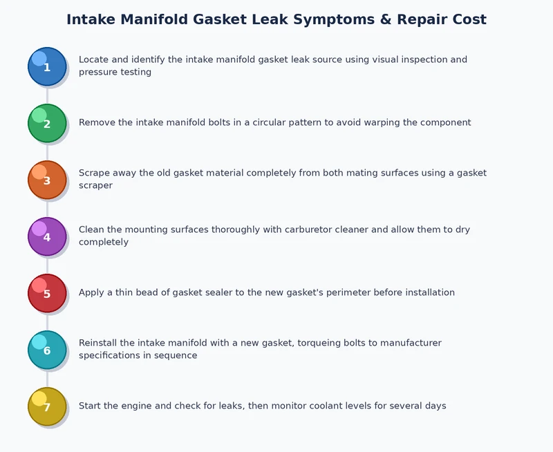 Step-by-step process diagram for diagnosing intake manifold gasket leak — pressure test, visual check, vacuum test