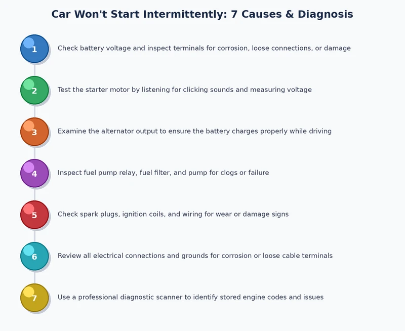 Step-by-step diagnostic flowchart for a car that won't start intermittently