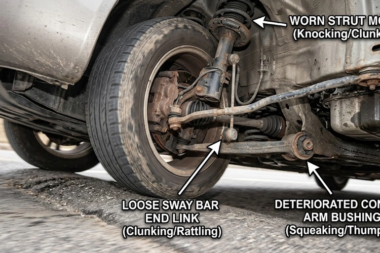 Mechanic inspecting front suspension ball joint and control arm for knocking noise when going over bumps