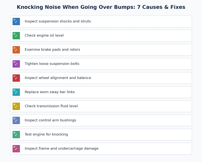 Diagnostic and repair priority checklist for knocking noise over bumps covering ball joints, sway bar links, struts, and control arm bushings