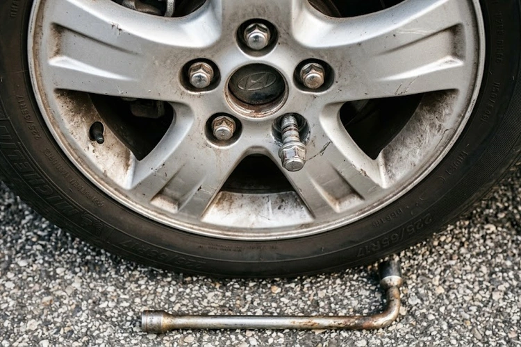 Loose lug nuts symptoms shown on wheel hub with improperly fastened fasteners and visible stud damage