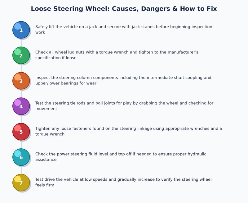 Step-by-step process diagram for diagnosing and fixing a loose steering wheel