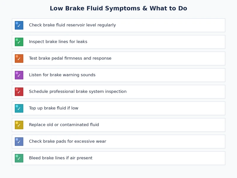 Low brake fluid symptoms inspection checklist covering pedal feel, warning light, fluid level, and leak points