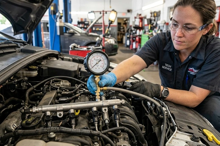 Mechanic connecting a fuel pressure test gauge to the Schrader valve on an engine's fuel rail, with the gauge needle pointing to a low reading and the fuel injectors visible along the rail.