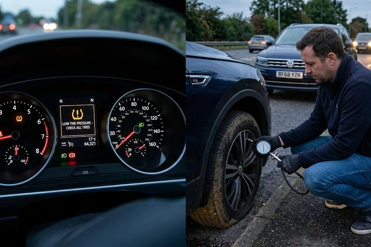 Low tire pressure light on car dashboard showing TPMS warning symbol illuminated in orange