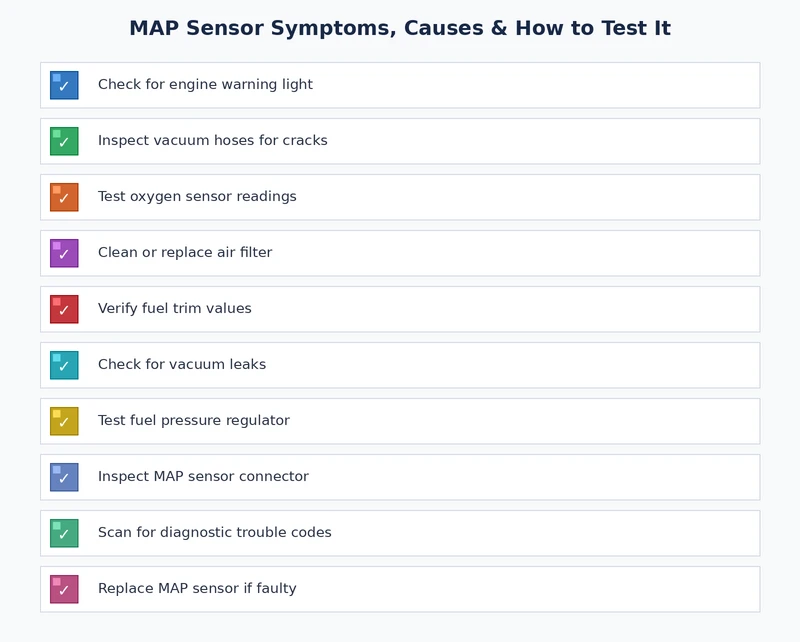 MAP sensor diagnostic checklist showing testing steps and symptom verification points for accurate diagnosis