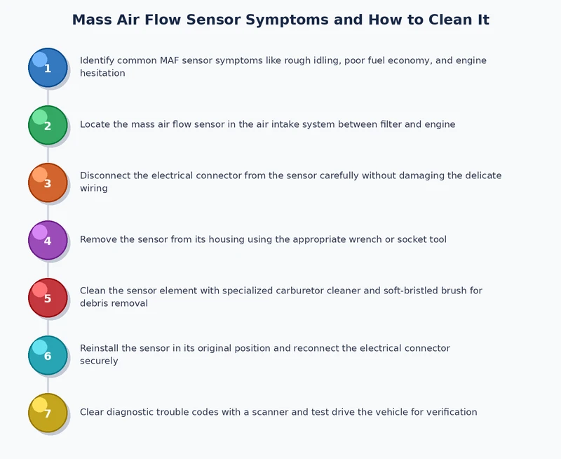 Step-by-step process diagram for cleaning a mass air flow sensor from battery disconnect through ECU relearn