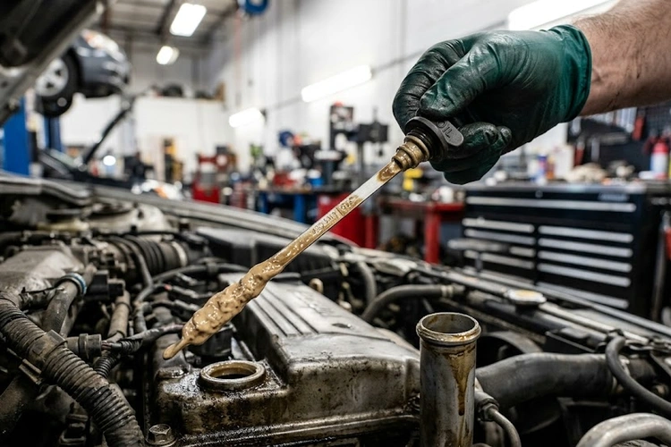 Milky oil on dipstick showing frothy tan contamination from coolant mixing with engine oil