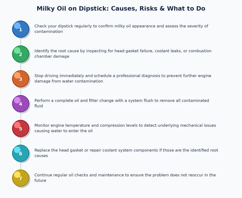 Diagnostic process chart for milky oil on dipstick from initial inspection through confirmation testing and repair