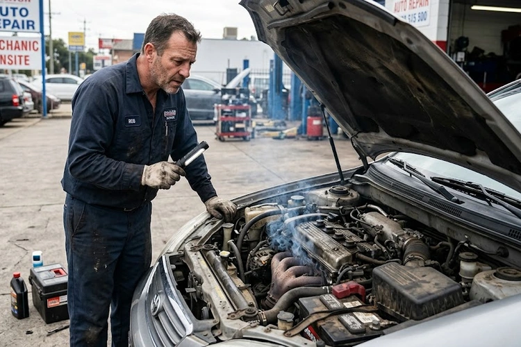 oil burning smell inside car — mechanic inspecting engine bay for oil leaks on exhaust manifold