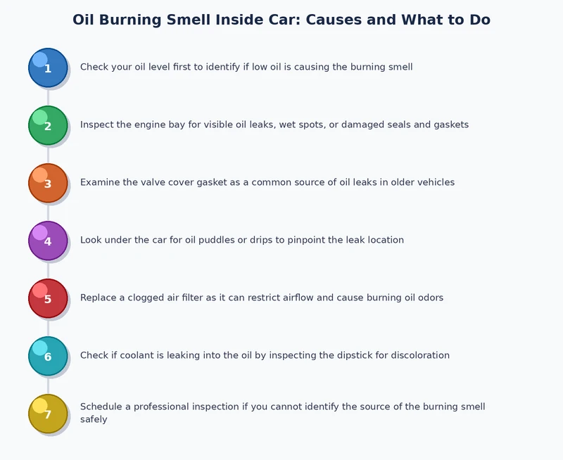 step-by-step process diagram for diagnosing oil burning smell inside car from dipstick check to leak location