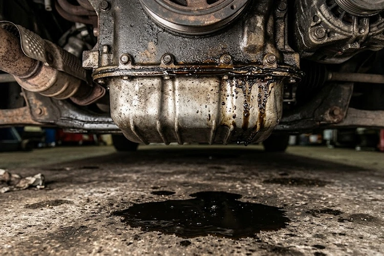 oil pan gasket leak symptoms shown as dark oil residue along the engine block and pan seam